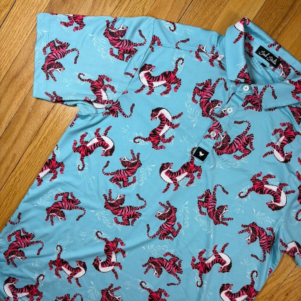 Bad Birdie Polo Shirt Mens Small Blue Tiger All Over Print Golf Performance - Picture 3 of 16